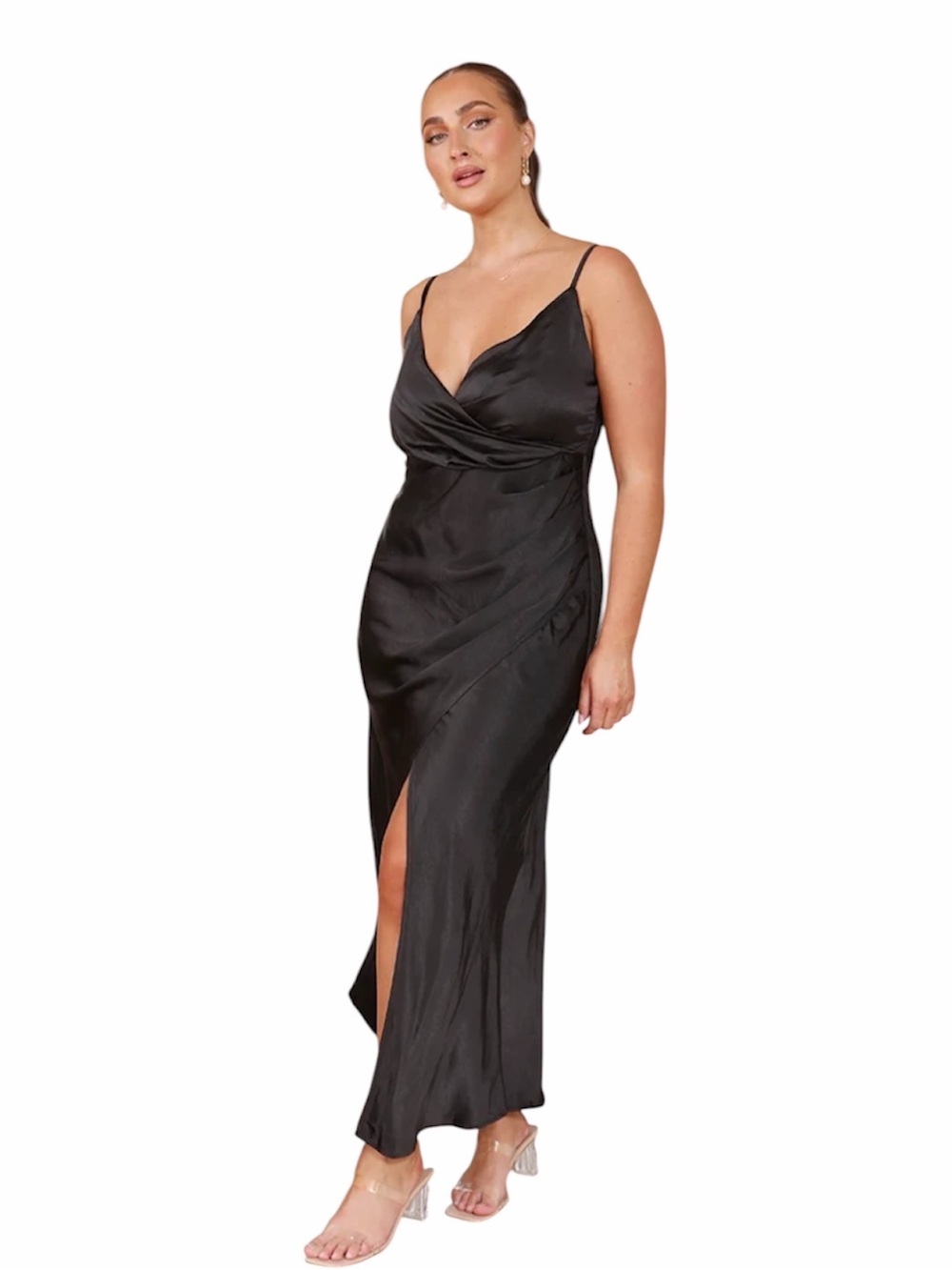 Bardot Black Satin Feel Deep-V Backless Wrapped Front Slit Slip Dress Women’s 6